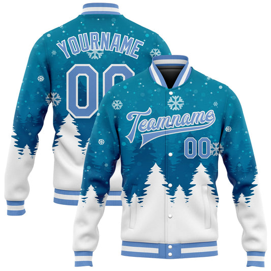 Custom Teal Light Blue-White Christmas 3D Bomber Full-Snap Varsity Letterman Jacket - Main View