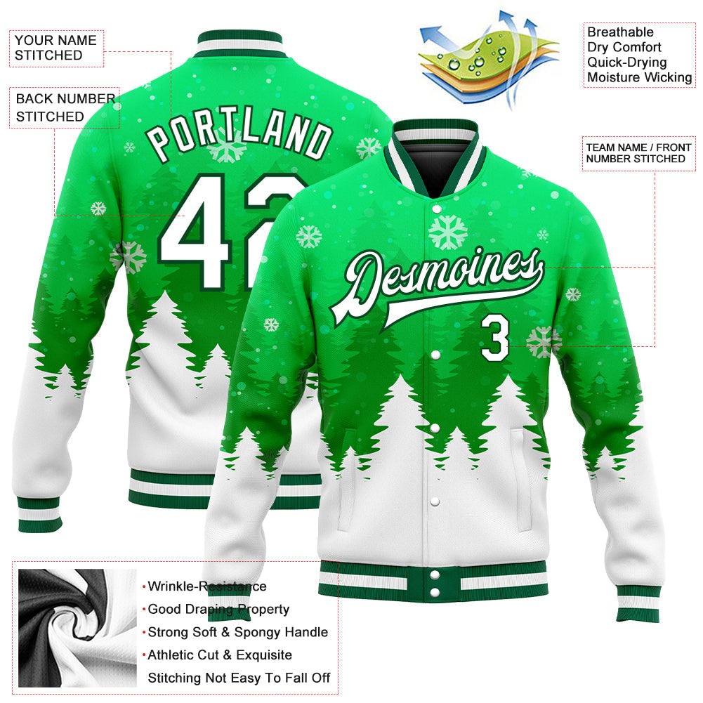Custom Kelly Green White Christmas 3D Bomber Full-Snap Varsity Letterman Jacket view 5