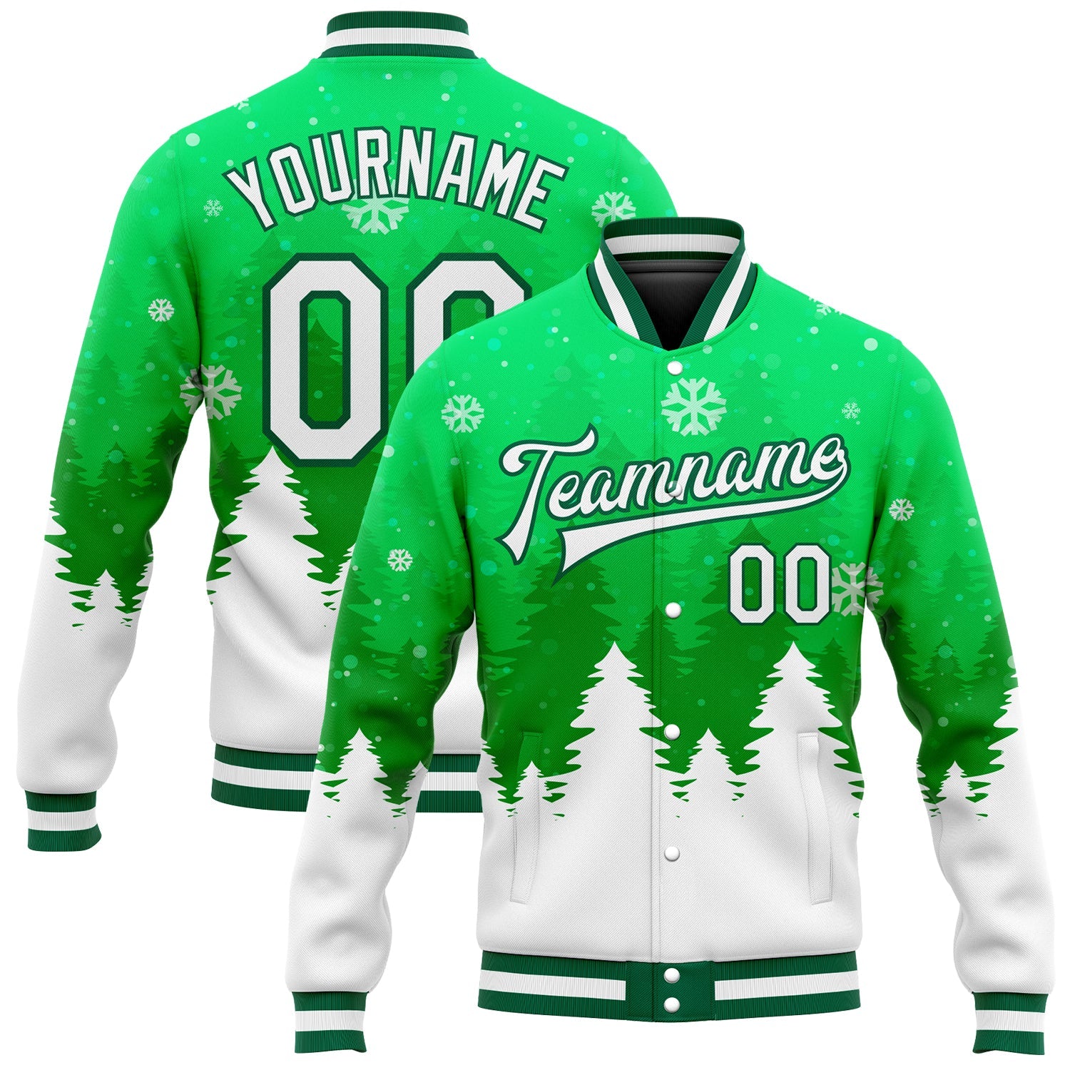 Custom Kelly Green White Christmas 3D Bomber Full-Snap Varsity Letterman Jacket - Main View