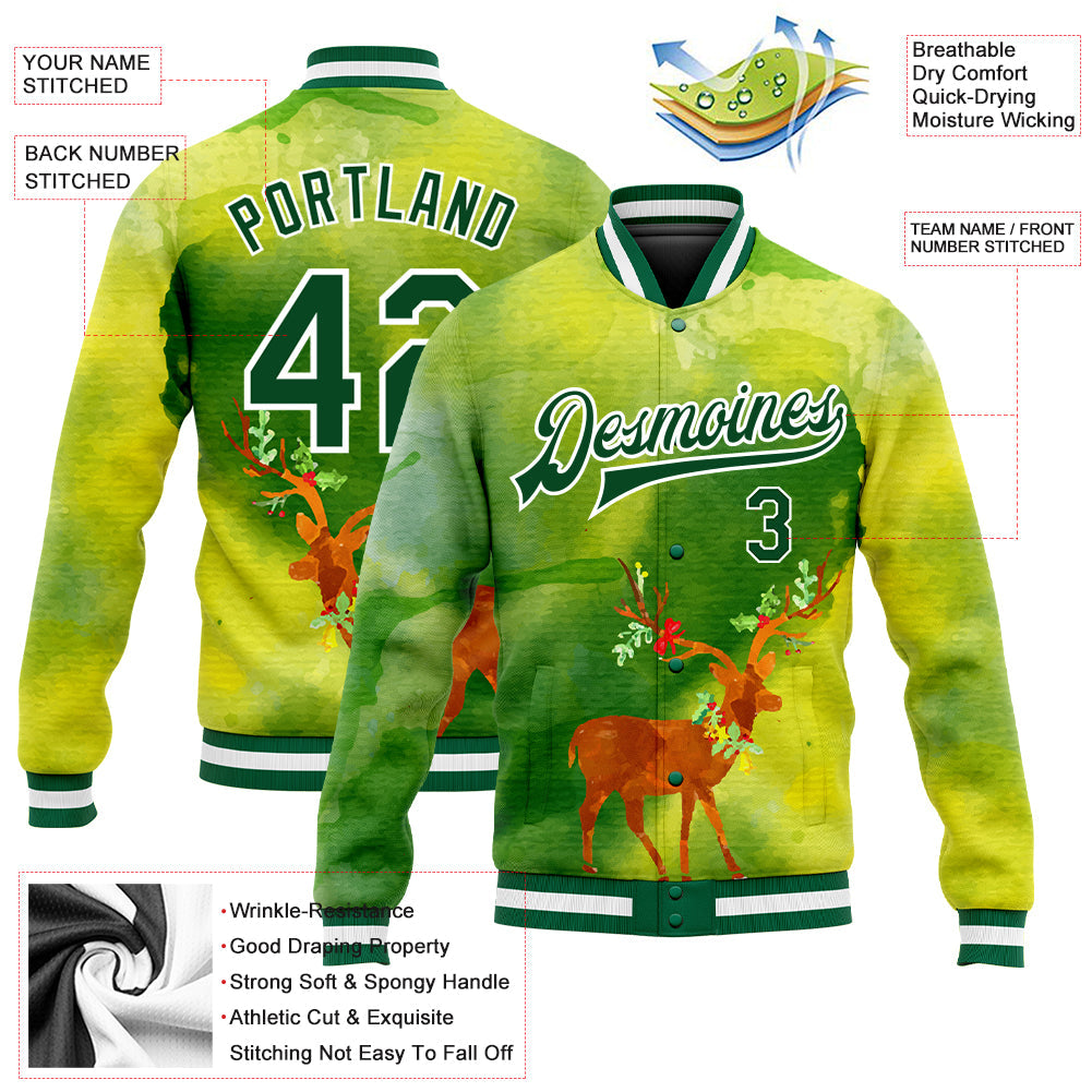 Custom Neon Green Kelly Green-Gold Christmas 3D Bomber Full-Snap Varsity Letterman Jacket view 5