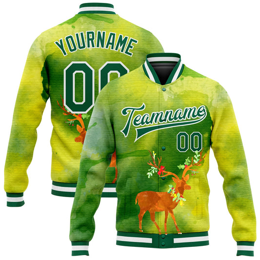 Custom Neon Green Kelly Green-Gold Christmas 3D Bomber Full-Snap Varsity Letterman Jacket - Main View