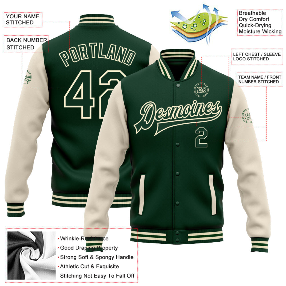 Custom Green Green-Cream Bomber Full-Snap Varsity Letterman Two Tone Jacket view 5