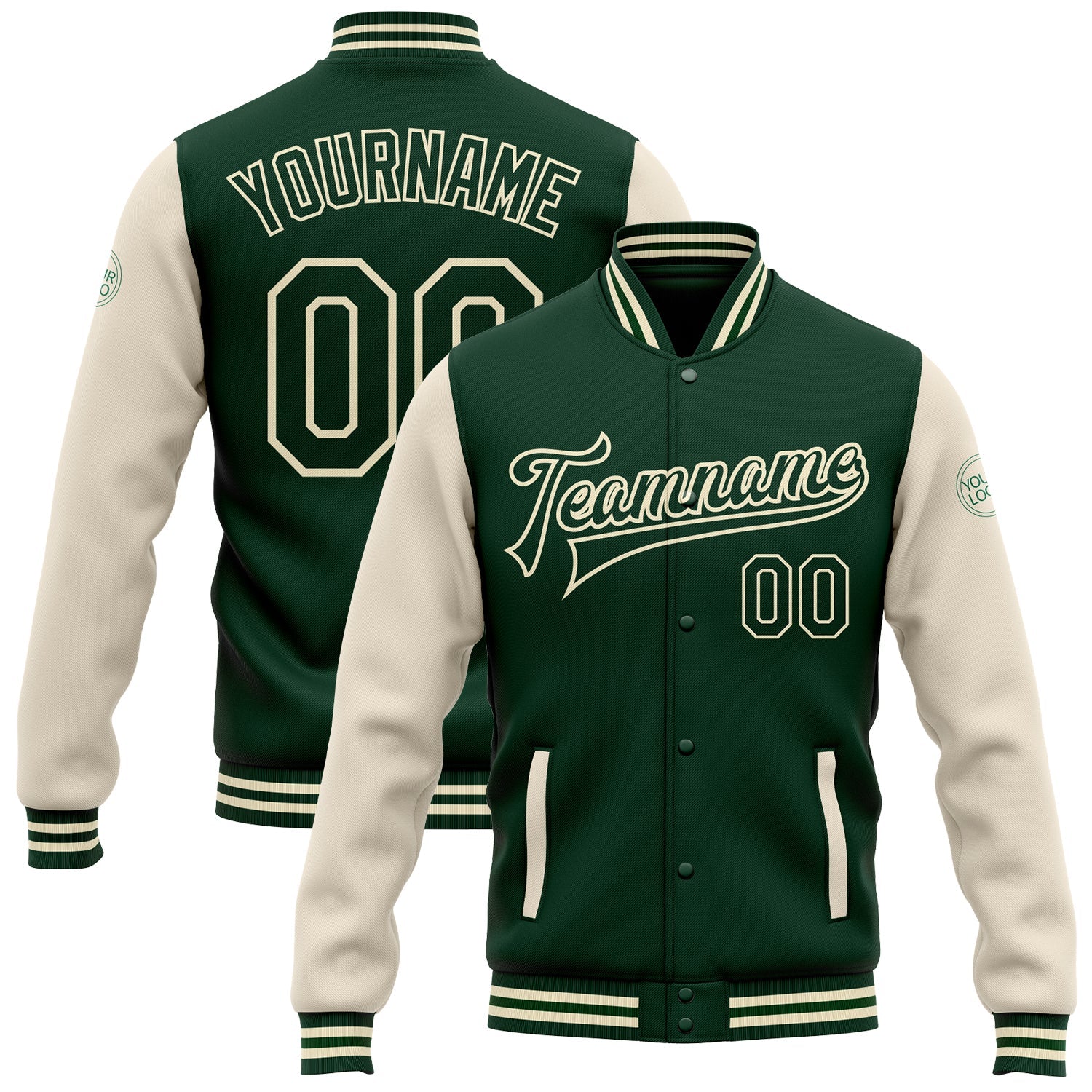 Custom Green Green-Cream Bomber Full-Snap Varsity Letterman Two Tone Jacket - Main View