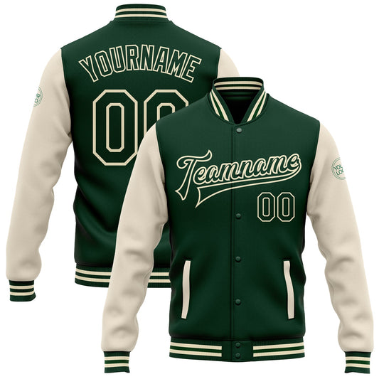 Custom Green Green-Cream Bomber Full-Snap Varsity Letterman Two Tone Jacket - Main View