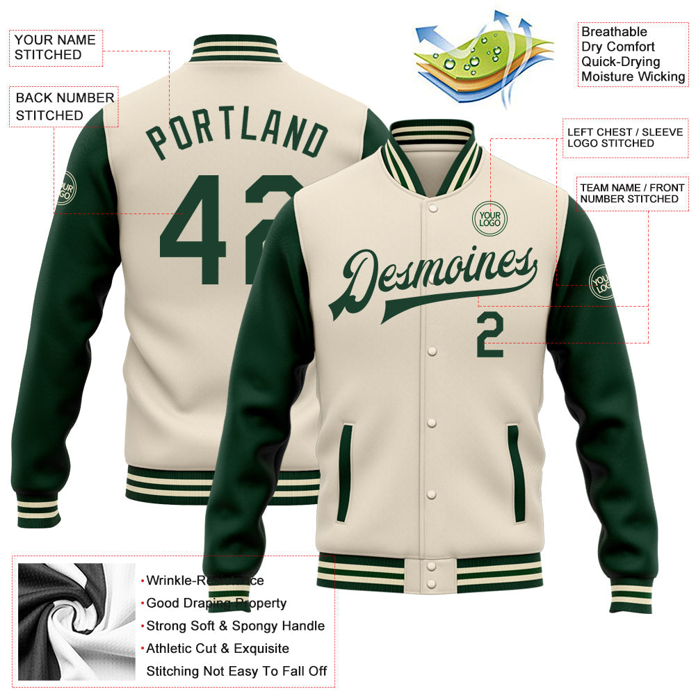 Custom Cream Green Bomber Full-Snap Varsity Letterman Two Tone Jacket view 5