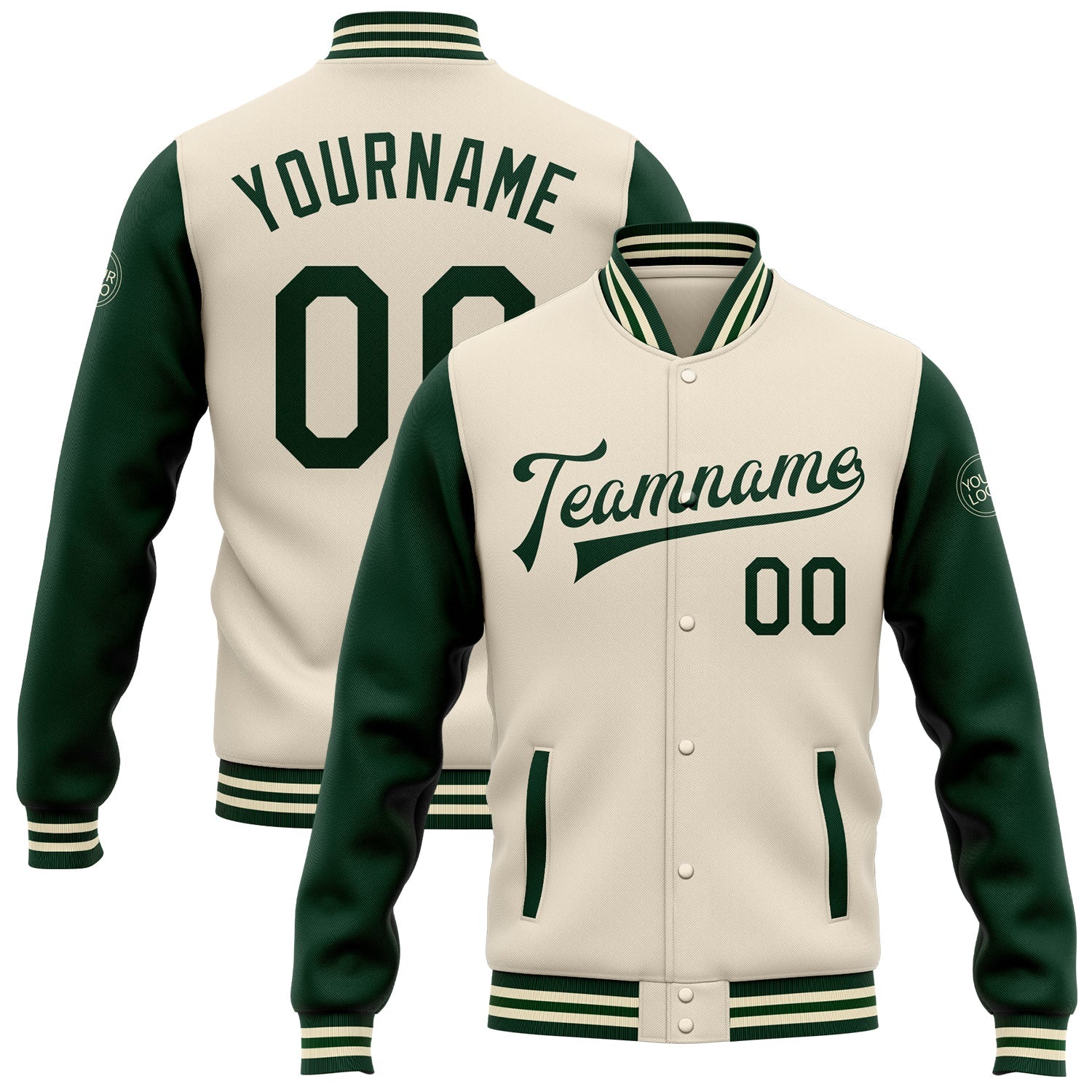 Custom Cream Green Bomber Full-Snap Varsity Letterman Two Tone Jacket - Main View