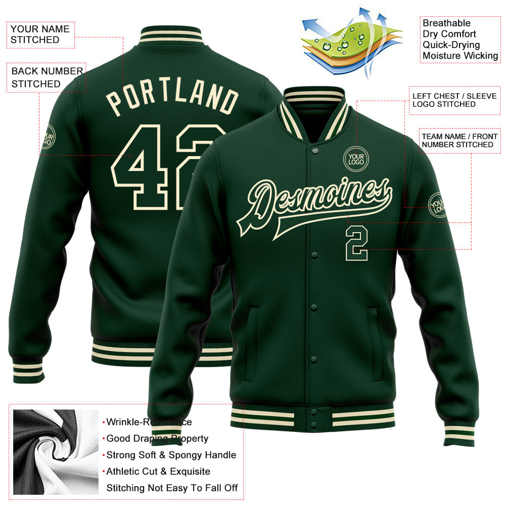 Custom Green Green-Cream Bomber Full-Snap Varsity Letterman Jacket view 5