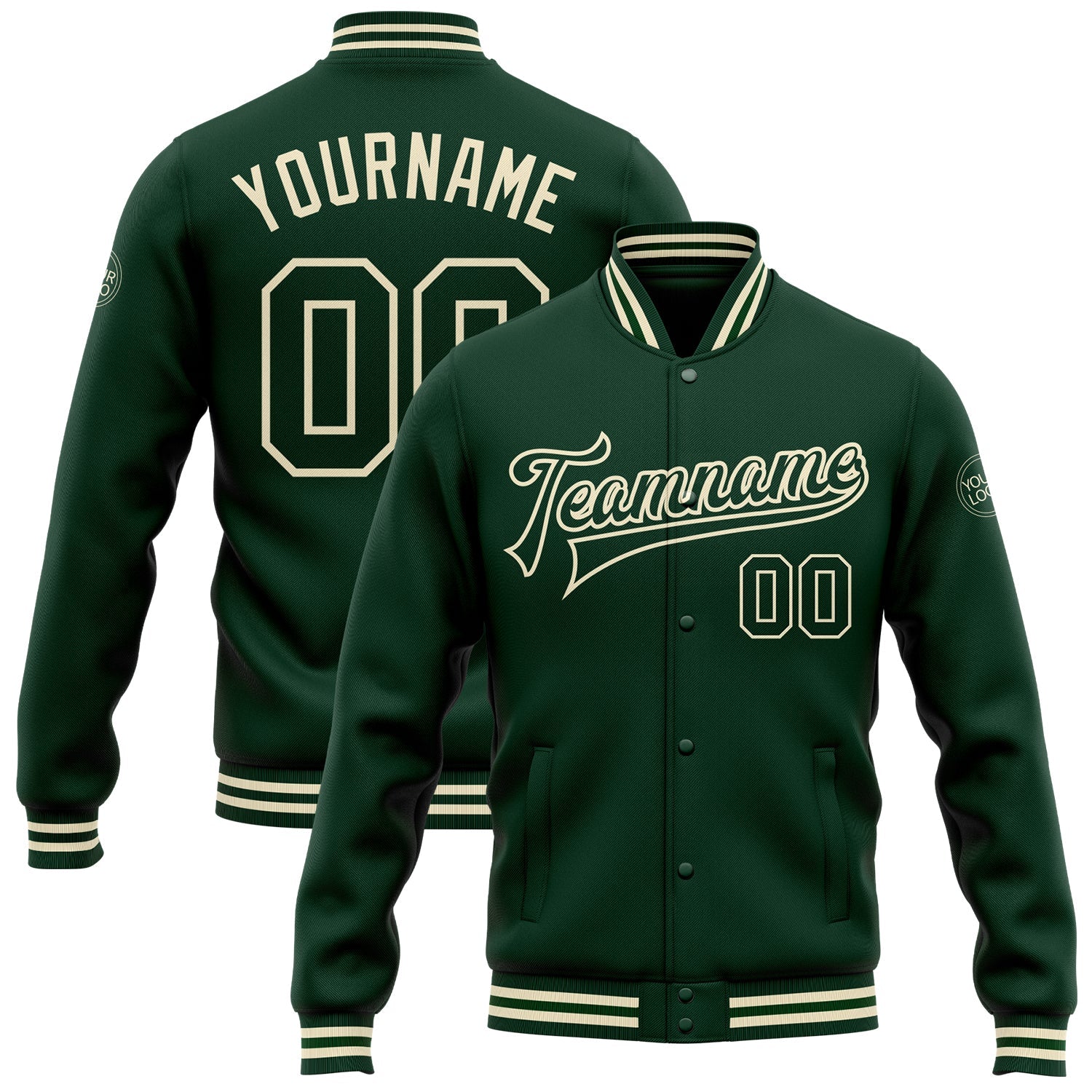 Custom Green Green-Cream Bomber Full-Snap Varsity Letterman Jacket - Main View