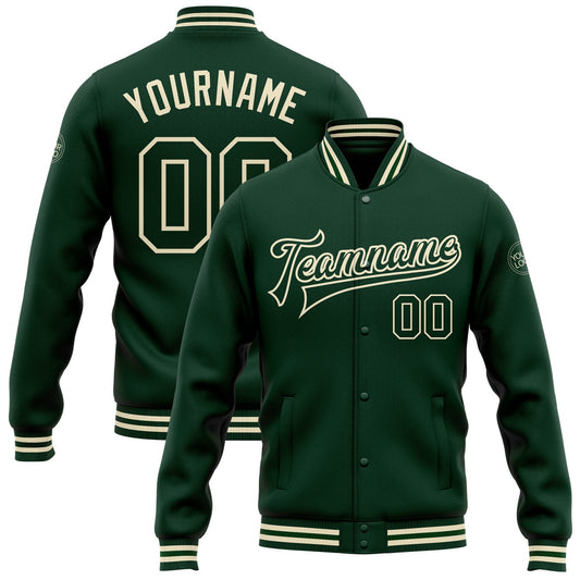 Custom Green Green-Cream Bomber Full-Snap Varsity Letterman Jacket - Main View