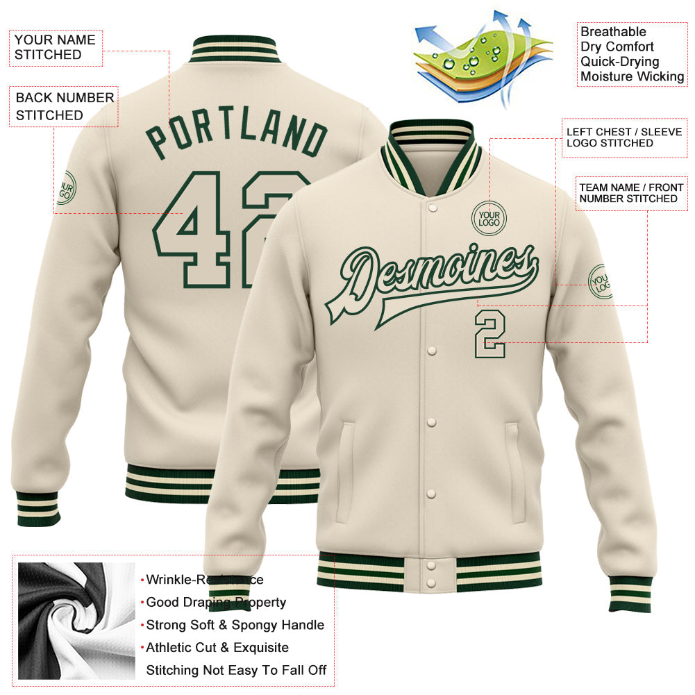 Custom Cream Cream-Green Bomber Full-Snap Varsity Letterman Jacket view 5
