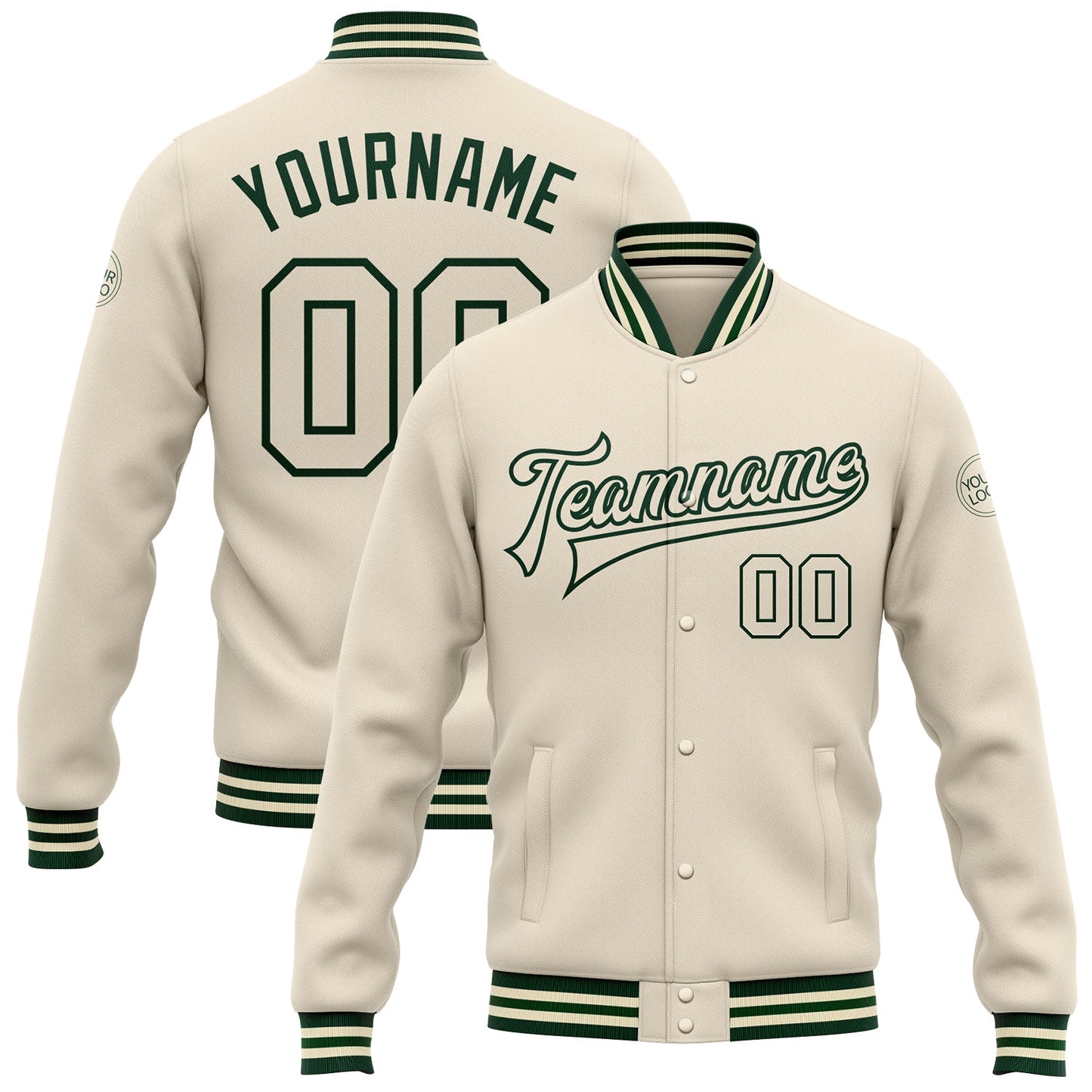 Custom Cream Cream-Green Bomber Full-Snap Varsity Letterman Jacket - Main View