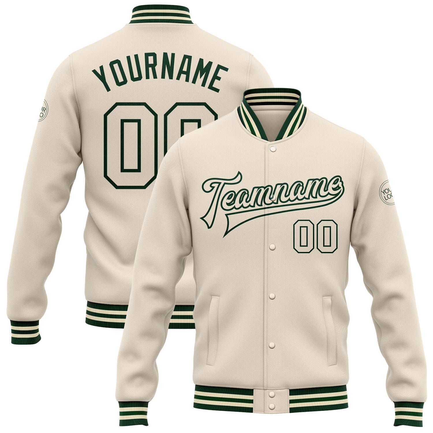 Custom Cream Cream-Green Bomber Full-Snap Varsity Letterman Jacket - Main View