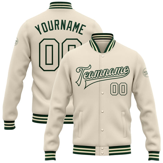Custom Cream Cream-Green Bomber Full-Snap Varsity Letterman Jacket - Main View