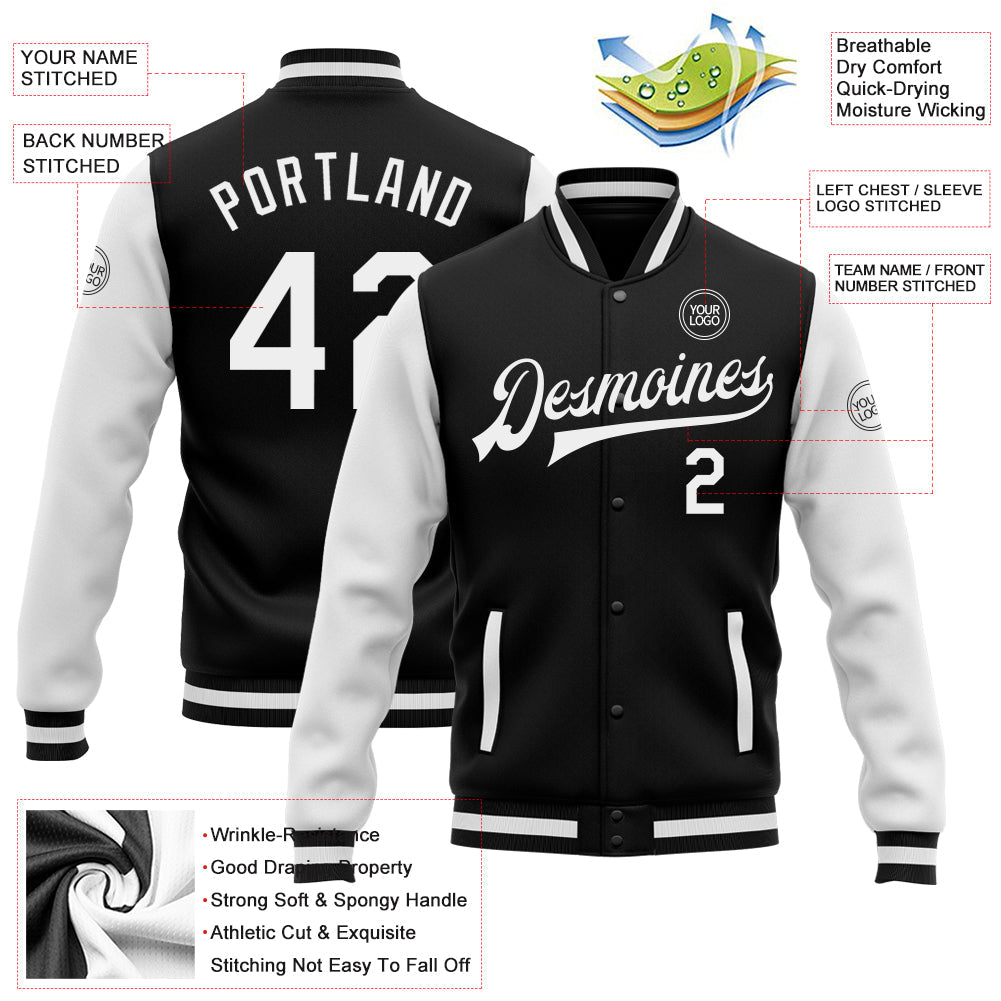 Custom Black White Bomber Full-Snap Varsity Letterman Two Tone Jacket view 5