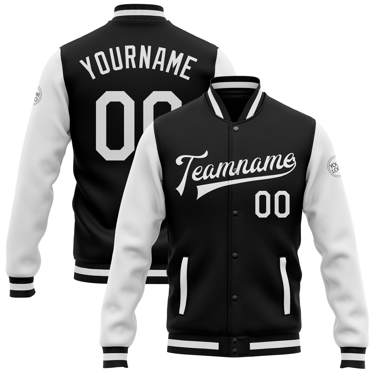 Custom Black White Bomber Full-Snap Varsity Letterman Two Tone Jacket - Main View