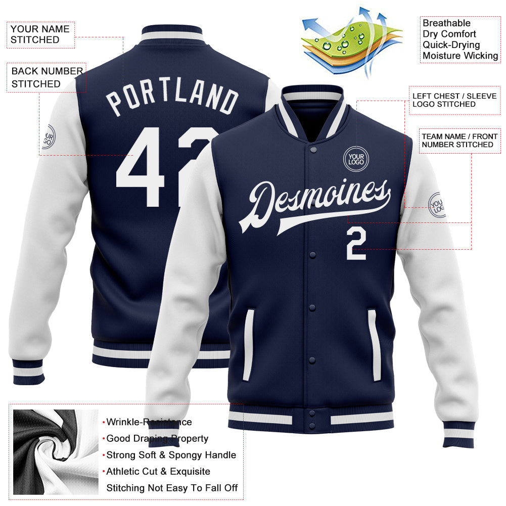 Custom Navy White Bomber Full-Snap Varsity Letterman Two Tone Jacket view 5