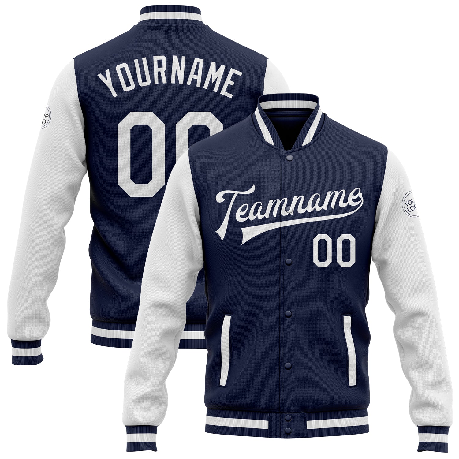 Custom Navy White Bomber Full-Snap Varsity Letterman Two Tone Jacket - Main View