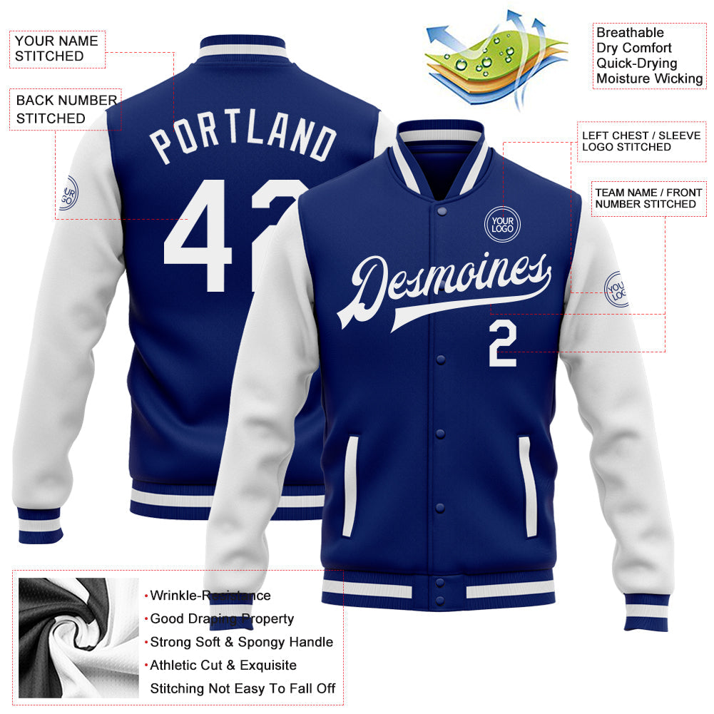 Custom Royal White Bomber Full-Snap Varsity Letterman Two Tone Jacket view 5