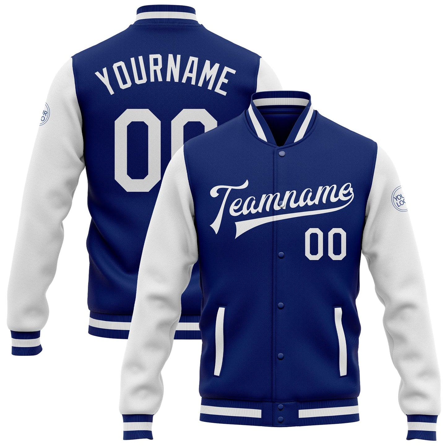 Custom Royal White Bomber Full-Snap Varsity Letterman Two Tone Jacket - Main View