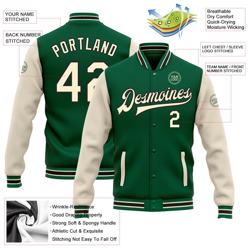 Custom Kelly Green Cream-Black Bomber Full-Snap Varsity Letterman Two Tone Jacket view 5