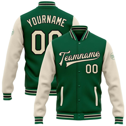 Custom Kelly Green Cream-Black Bomber Full-Snap Varsity Letterman Two Tone Jacket - Main View