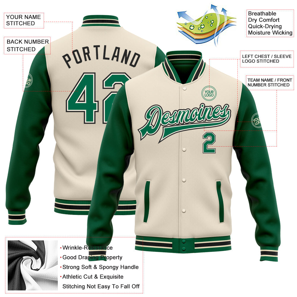 Custom Cream Kelly Green-Black Bomber Full-Snap Varsity Letterman Two Tone Jacket view 5