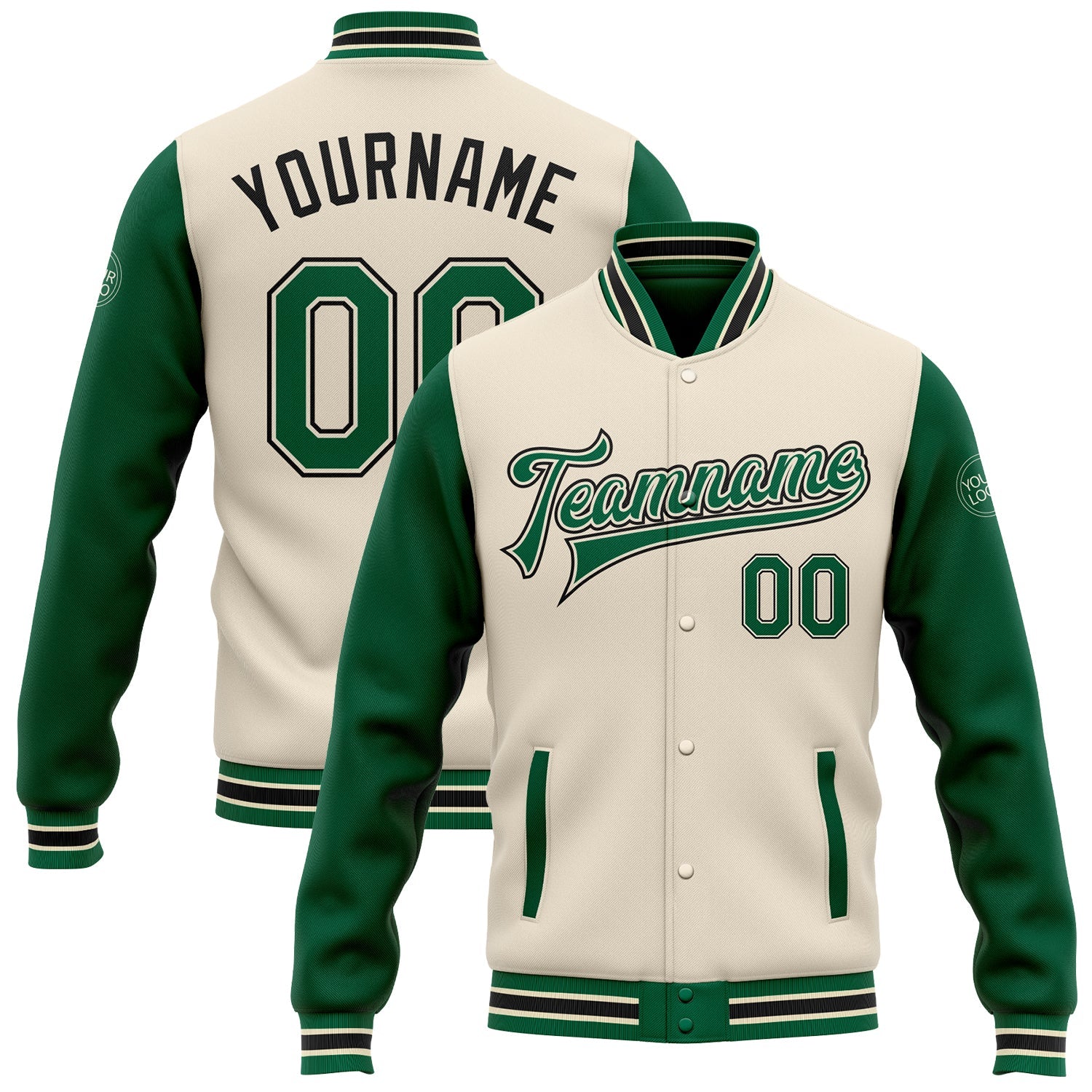 Custom Cream Kelly Green-Black Bomber Full-Snap Varsity Letterman Two Tone Jacket - Main View