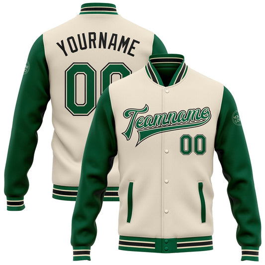 Custom Cream Kelly Green-Black Bomber Full-Snap Varsity Letterman Two Tone Jacket - Main View
