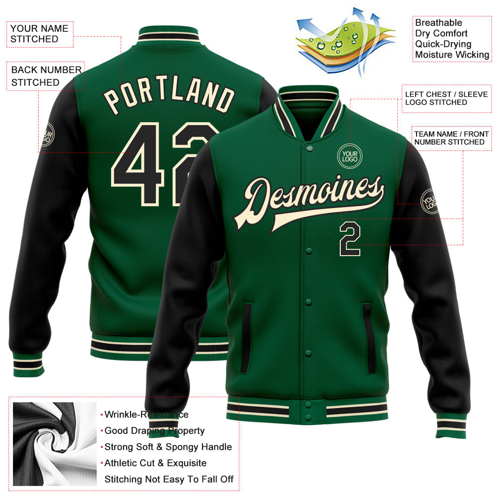 Custom Kelly Green Black-Cream Bomber Full-Snap Varsity Letterman Two Tone Jacket view 5