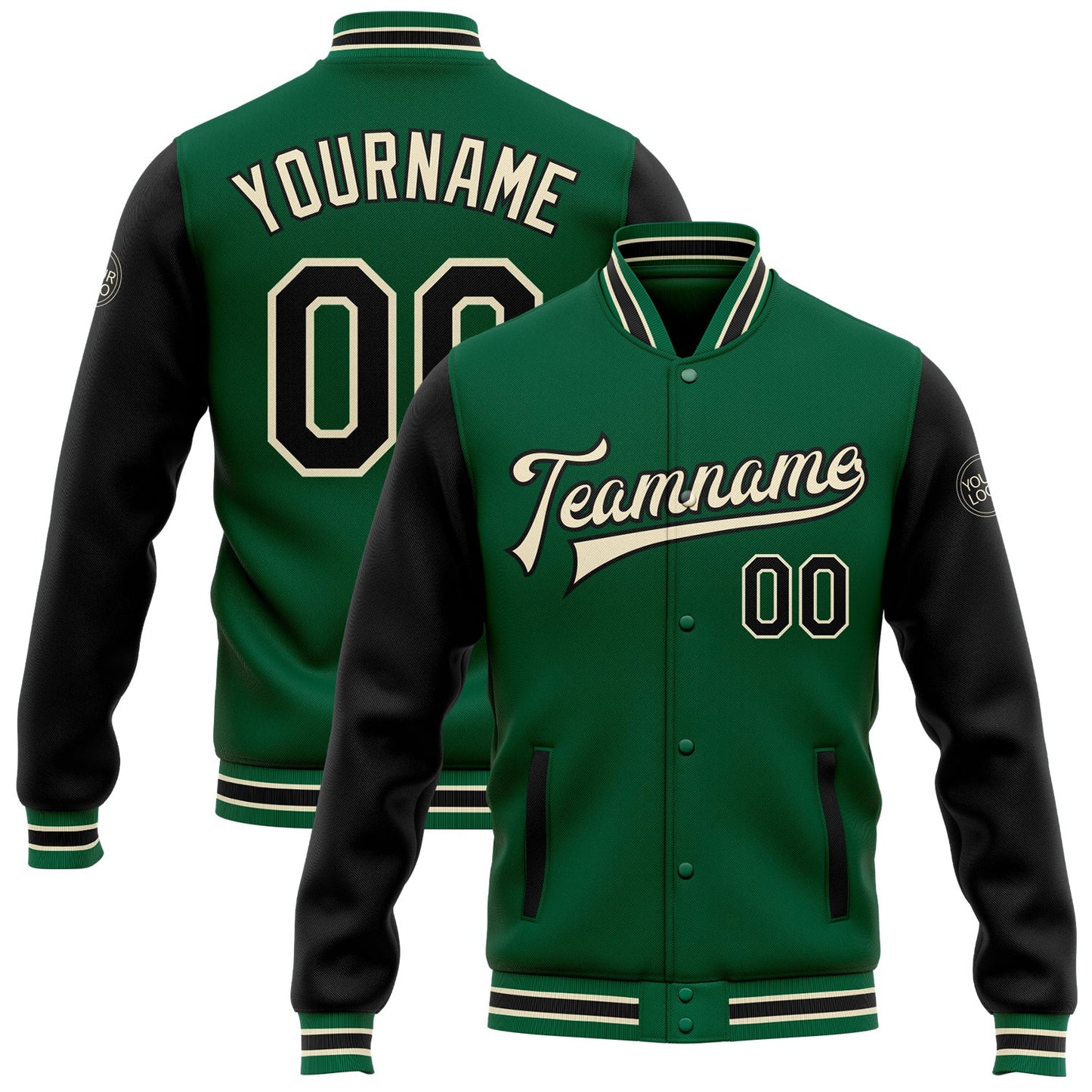 Custom Kelly Green Black-Cream Bomber Full-Snap Varsity Letterman Two Tone Jacket - Main View