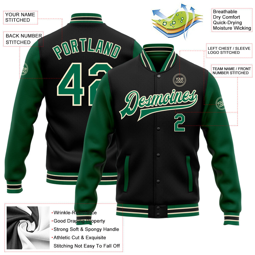 Custom Black Kelly Green-Cream Bomber Full-Snap Varsity Letterman Two Tone Jacket view 5