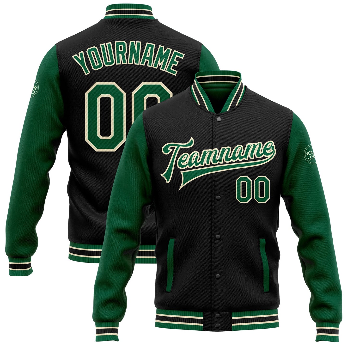 Custom Black Kelly Green-Cream Bomber Full-Snap Varsity Letterman Two Tone Jacket - Main View
