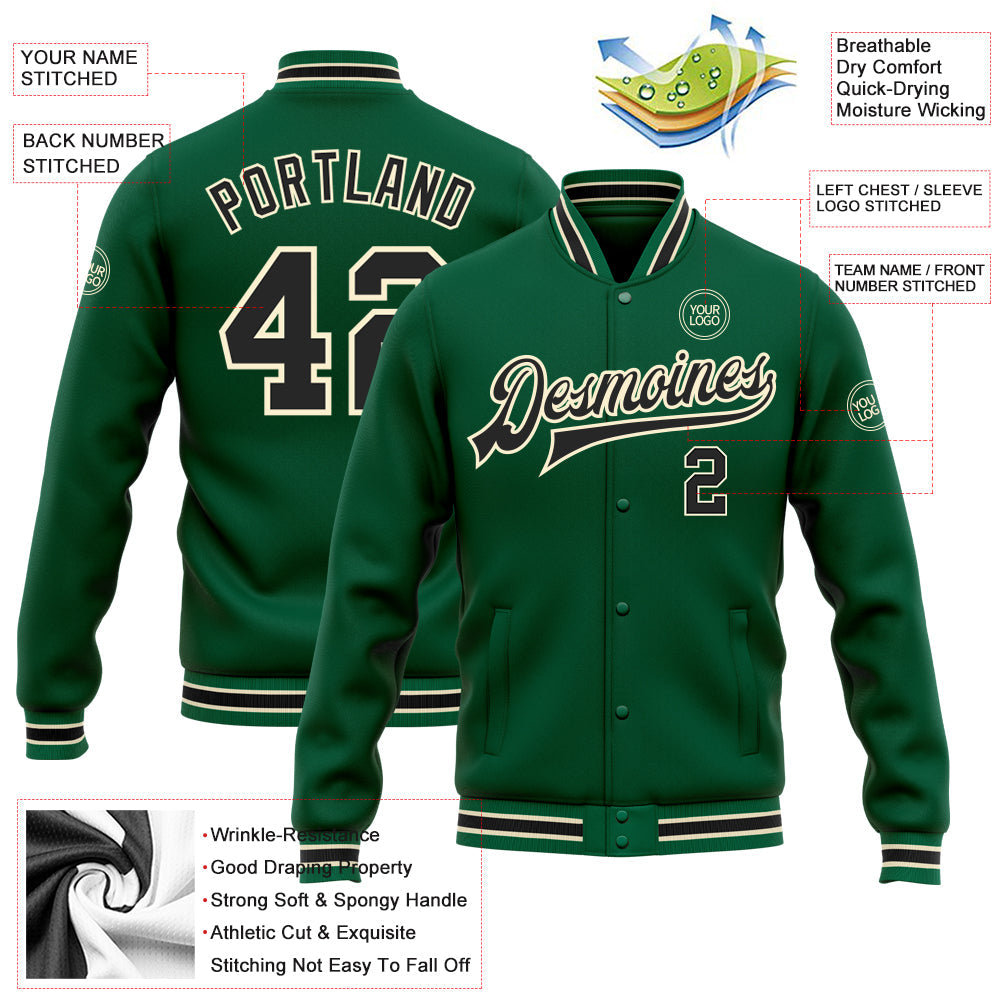 Custom Kelly Green Black-Cream Bomber Full-Snap Varsity Letterman Jacket view 5