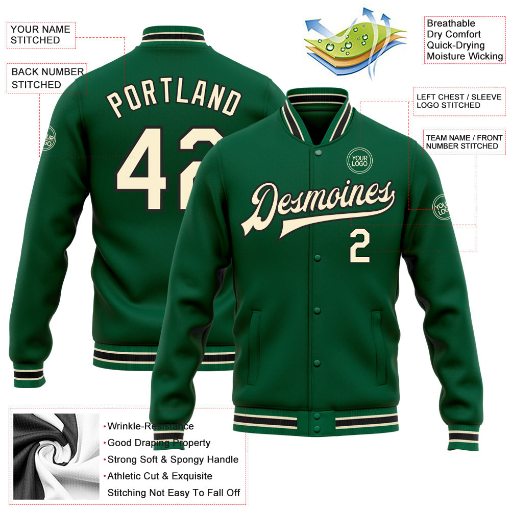 Custom Kelly Green Cream-Black Bomber Full-Snap Varsity Letterman Jacket view 5