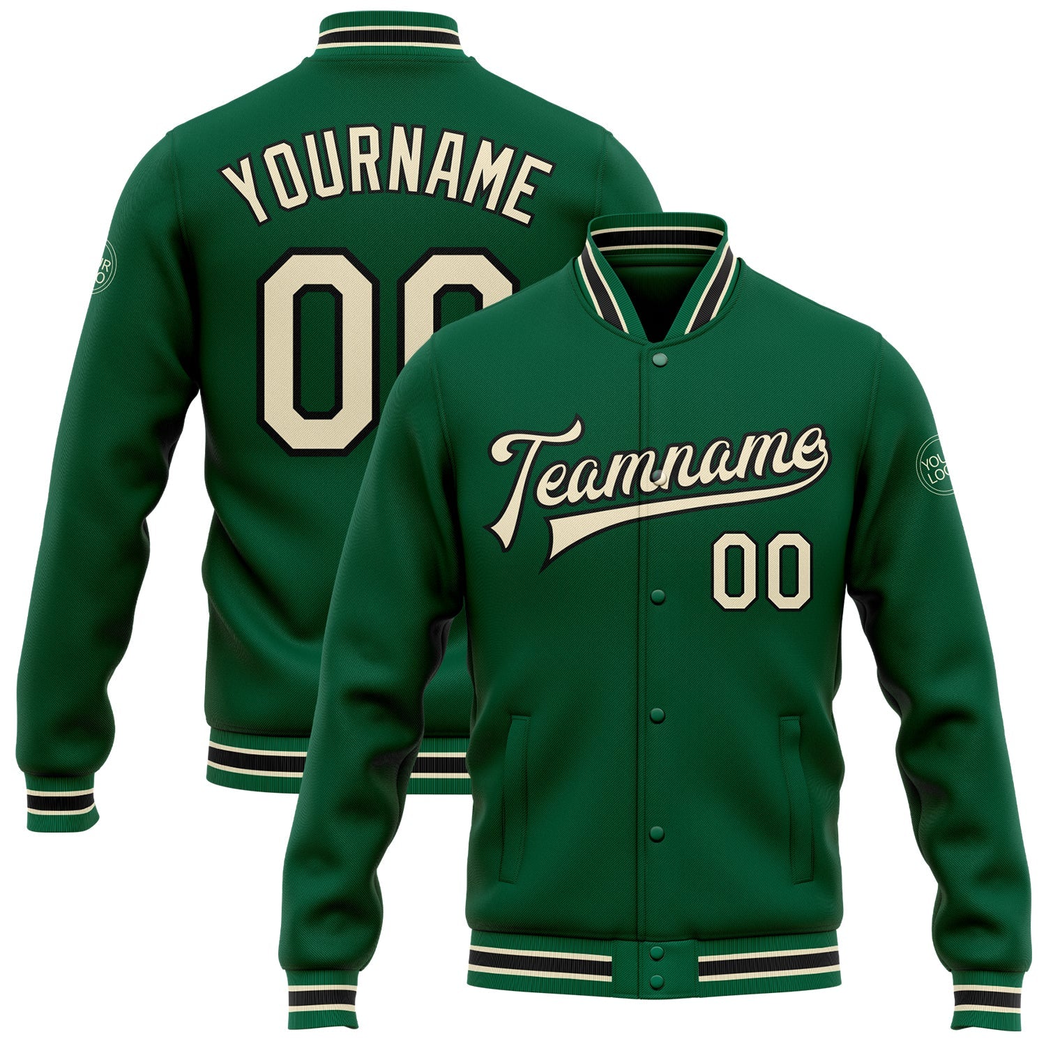 Custom Kelly Green Cream-Black Bomber Full-Snap Varsity Letterman Jacket - Main View