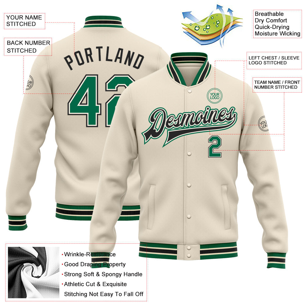 Custom Cream Kelly Green-Black Bomber Full-Snap Varsity Letterman Jacket view 5