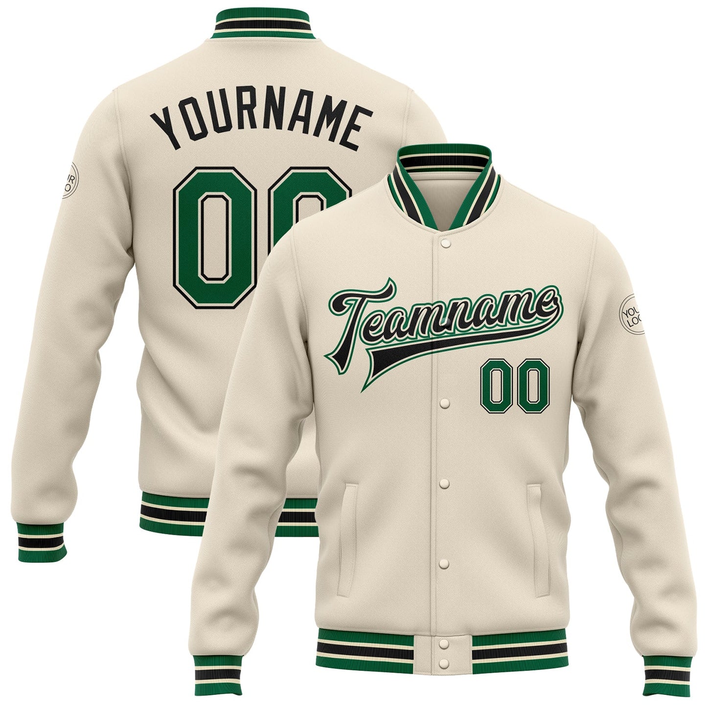 Custom Cream Kelly Green-Black Bomber Full-Snap Varsity Letterman Jacket - Main View