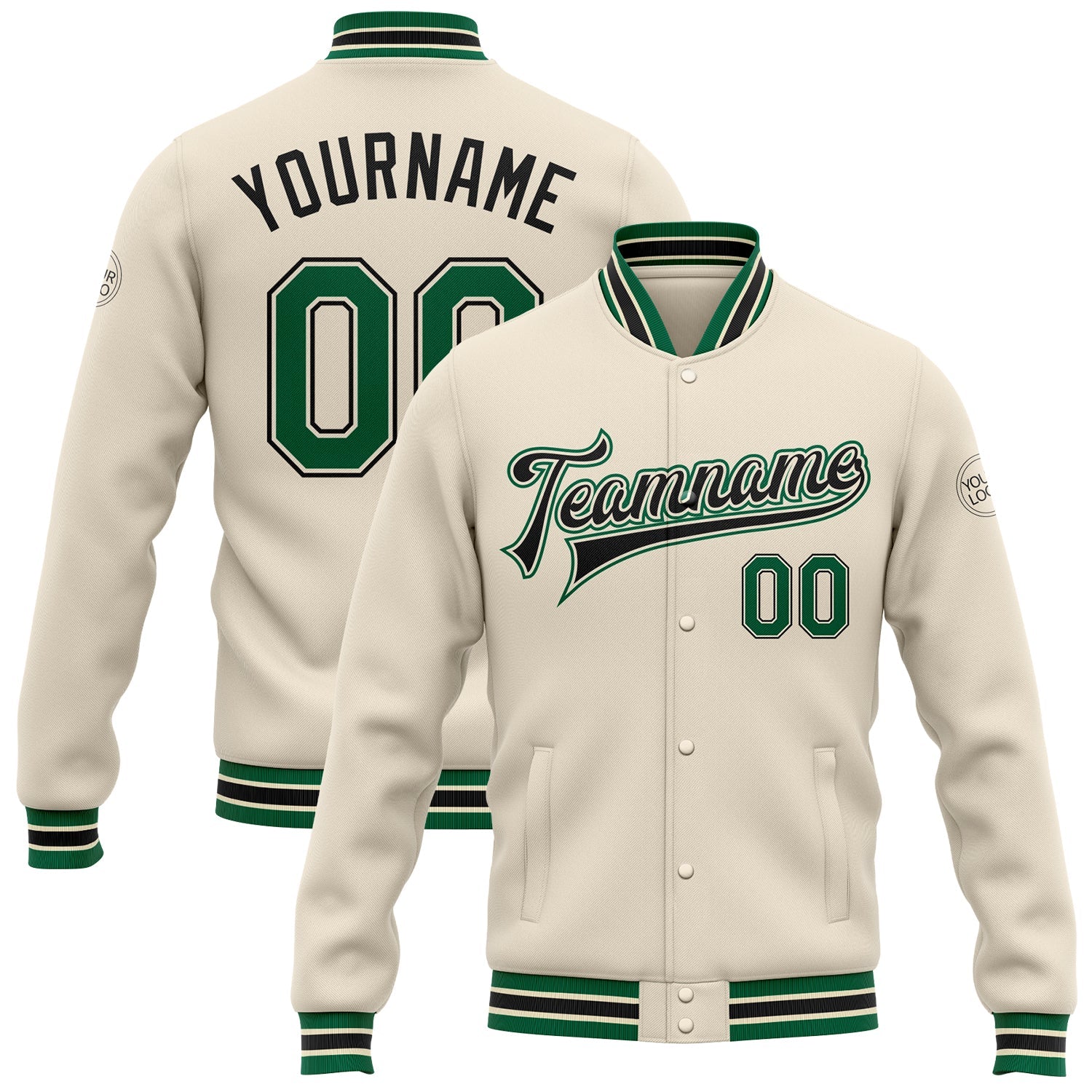 Custom Cream Kelly Green-Black Bomber Full-Snap Varsity Letterman Jacket - Main View