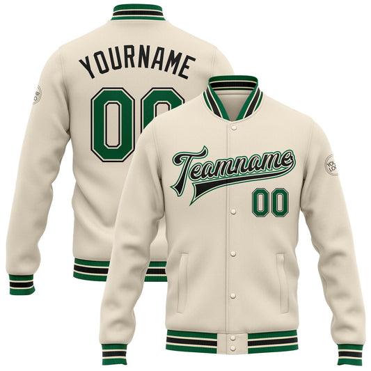 Custom Cream Kelly Green-Black Bomber Full-Snap Varsity Letterman Jacket - Main View