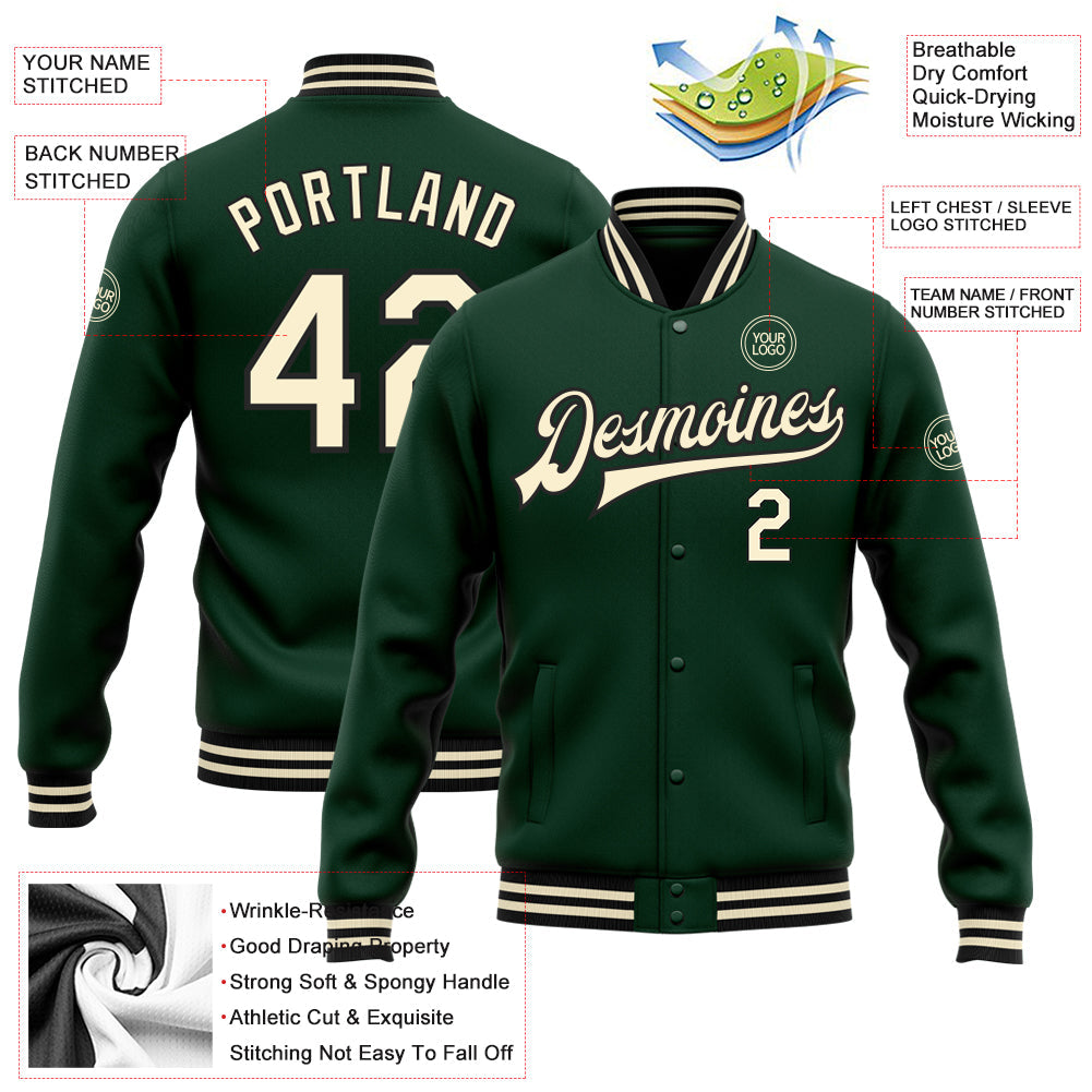 Custom Green Cream-Black Bomber Full-Snap Varsity Letterman Jacket view 5
