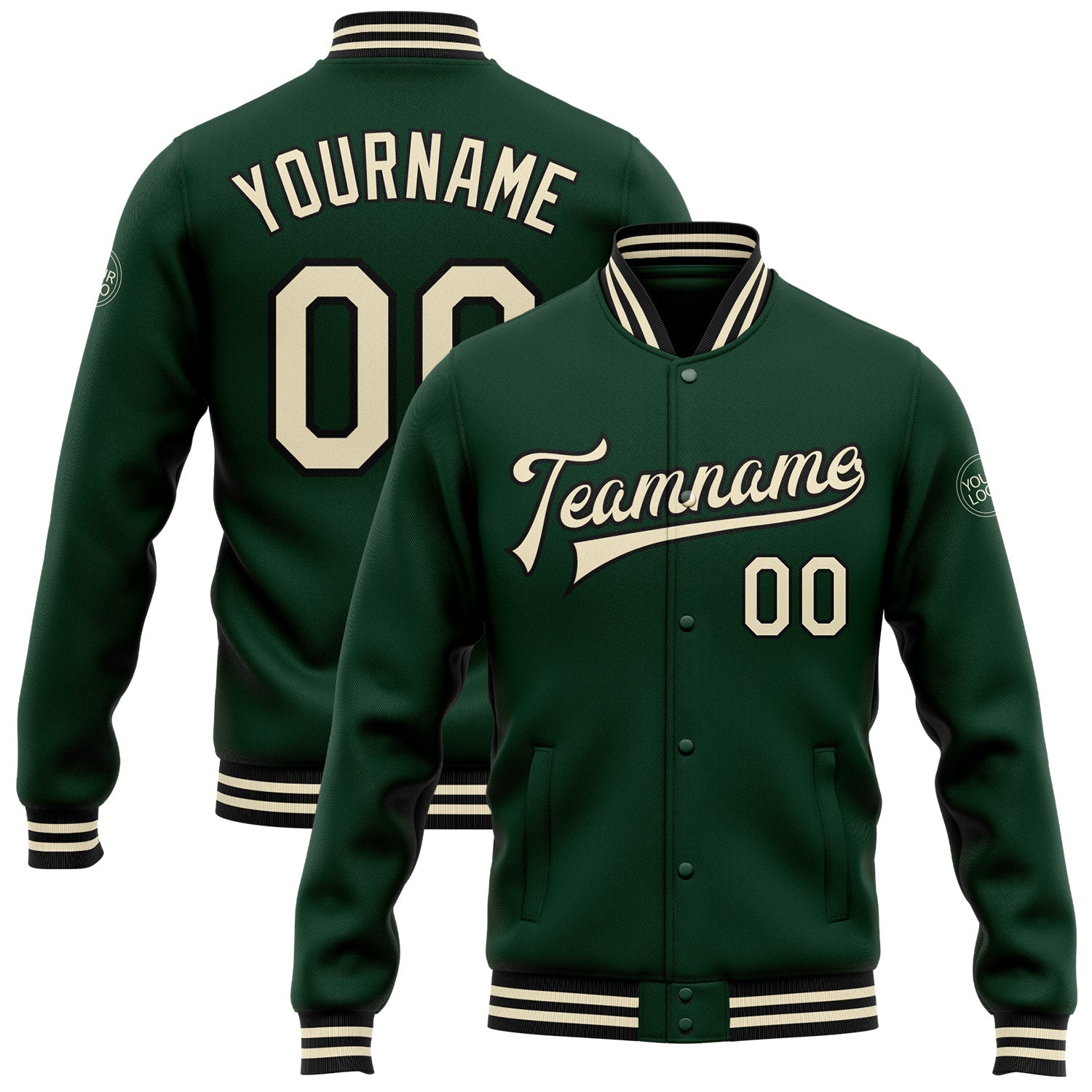 Custom Green Cream-Black Bomber Full-Snap Varsity Letterman Jacket - Main View