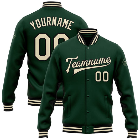Custom Green Cream-Black Bomber Full-Snap Varsity Letterman Jacket - Main View