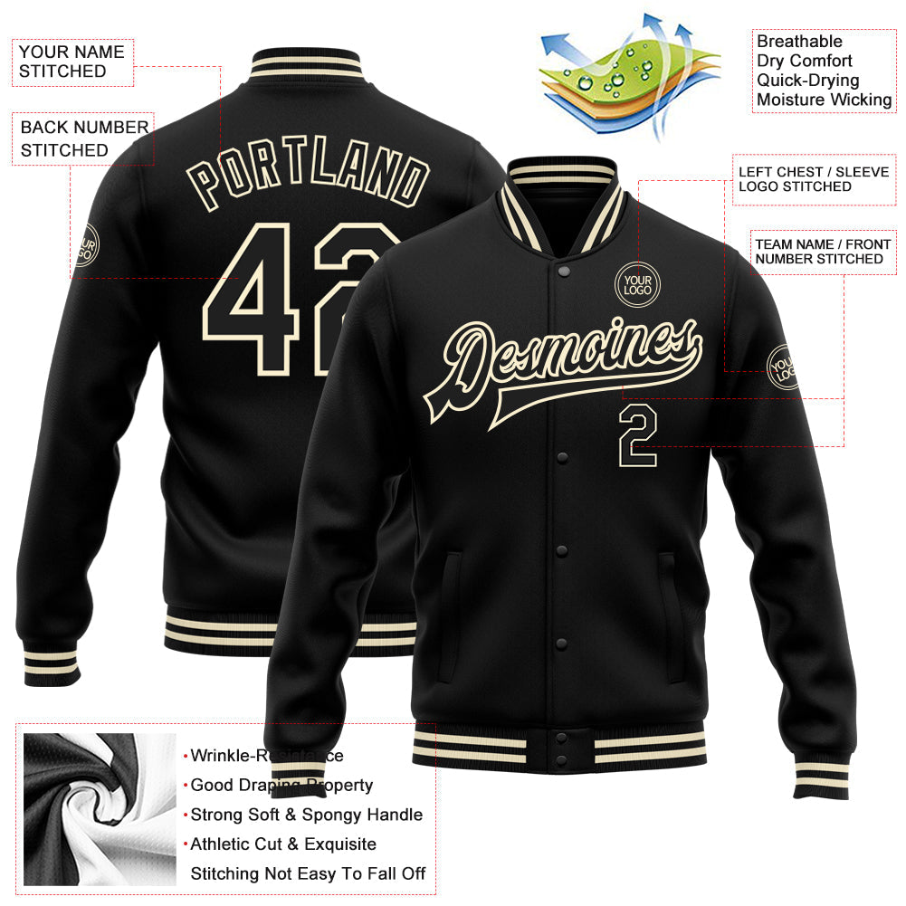 Custom Black Black-Cream Bomber Full-Snap Varsity Letterman Jacket view 5