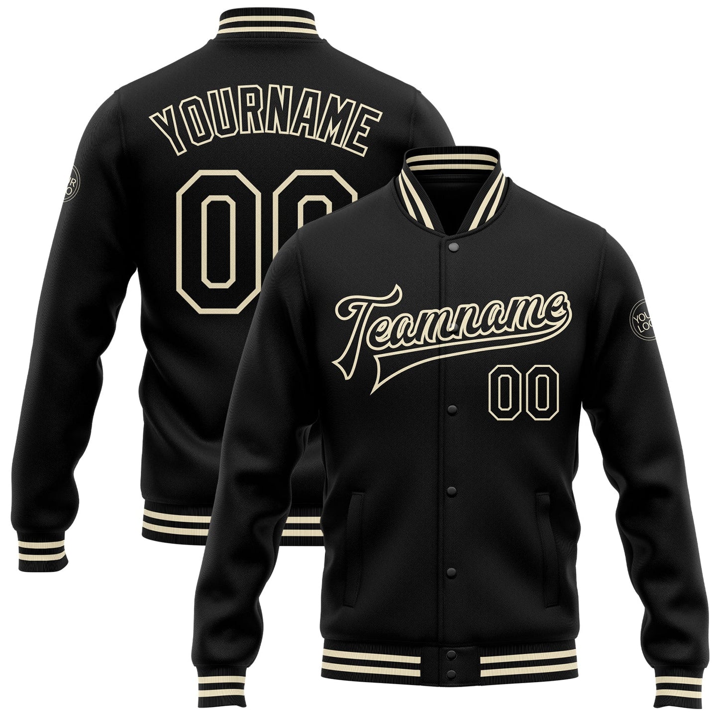 Custom Black Black-Cream Bomber Full-Snap Varsity Letterman Jacket - Main View