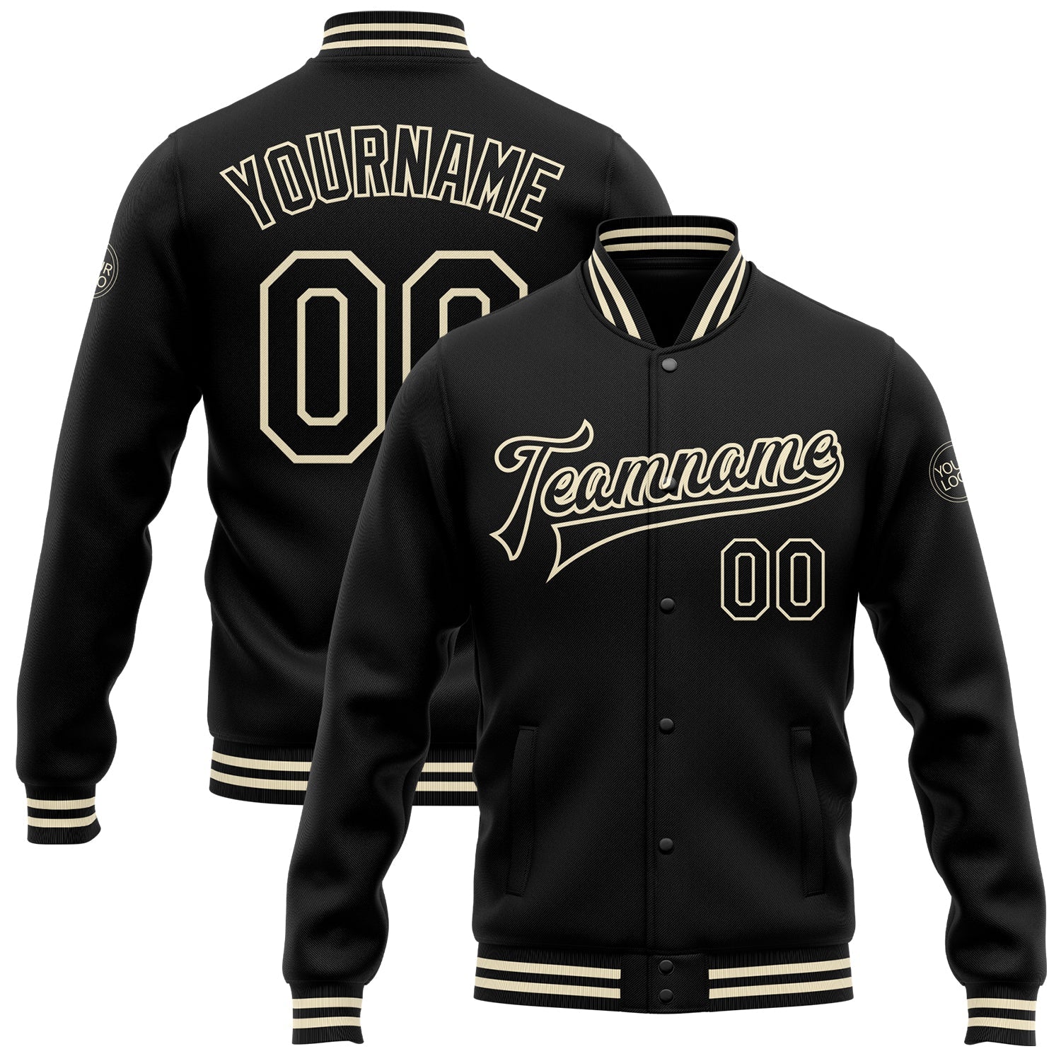Custom Black Black-Cream Bomber Full-Snap Varsity Letterman Jacket - Main View