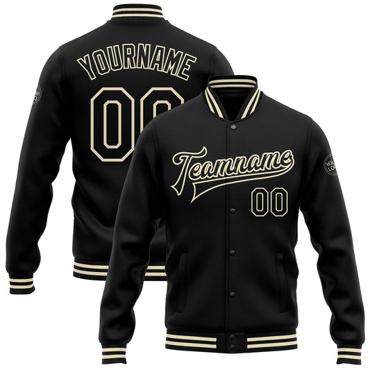 Custom Black Black-Cream Bomber Full-Snap Varsity Letterman Jacket - Main View