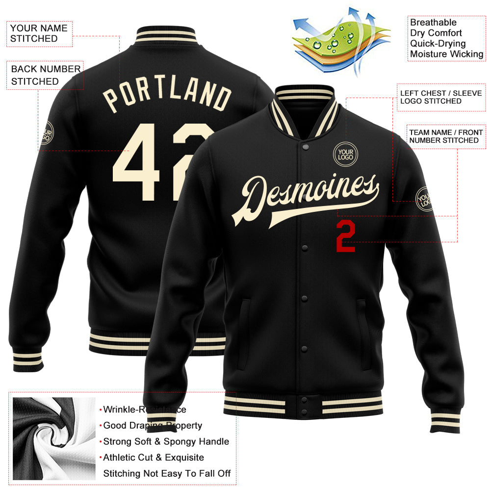 Custom Black Cream-Red Bomber Full-Snap Varsity Letterman Jacket view 5