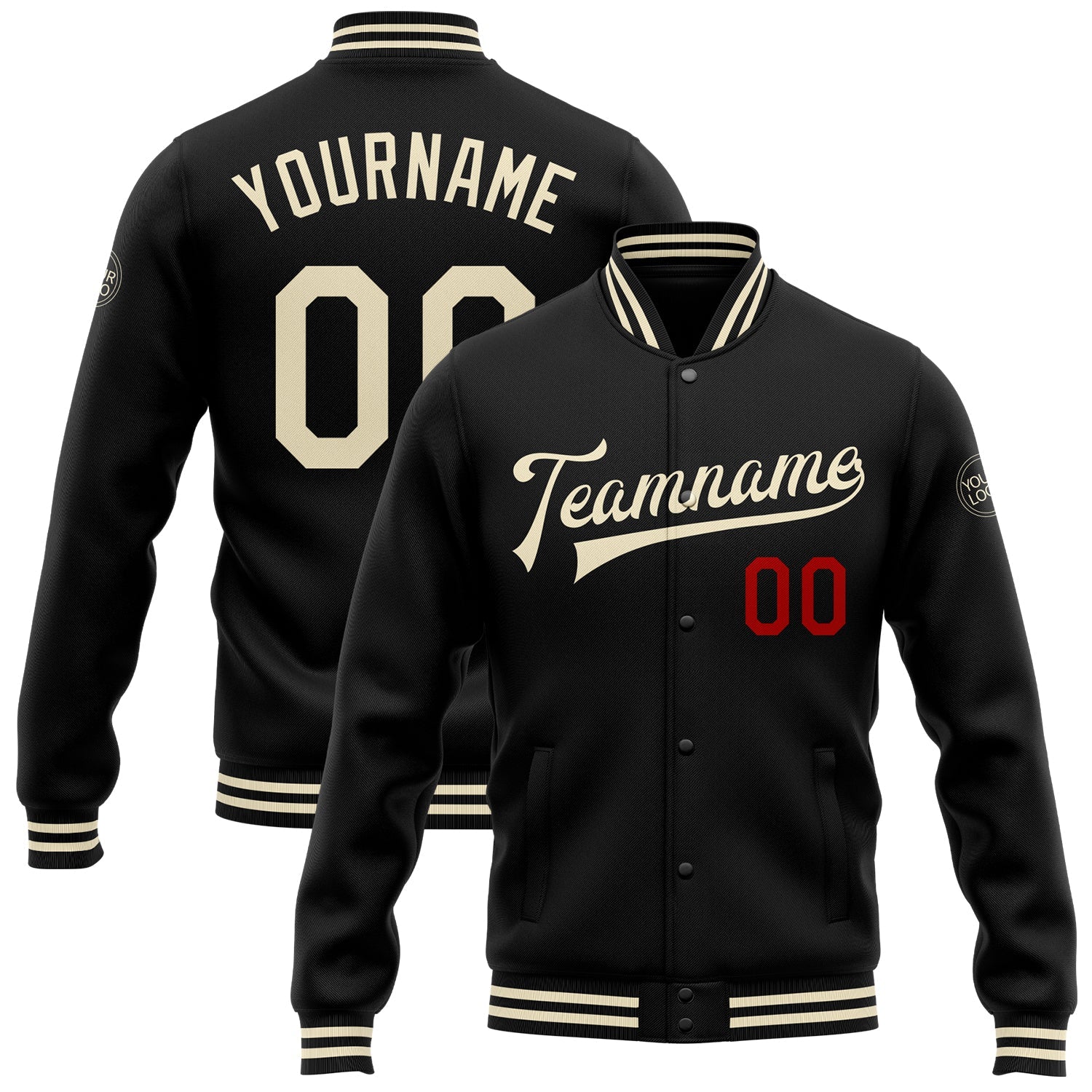 Custom Black Cream-Red Bomber Full-Snap Varsity Letterman Jacket - Main View