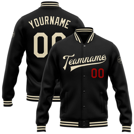 Custom Black Cream-Red Bomber Full-Snap Varsity Letterman Jacket - Main View