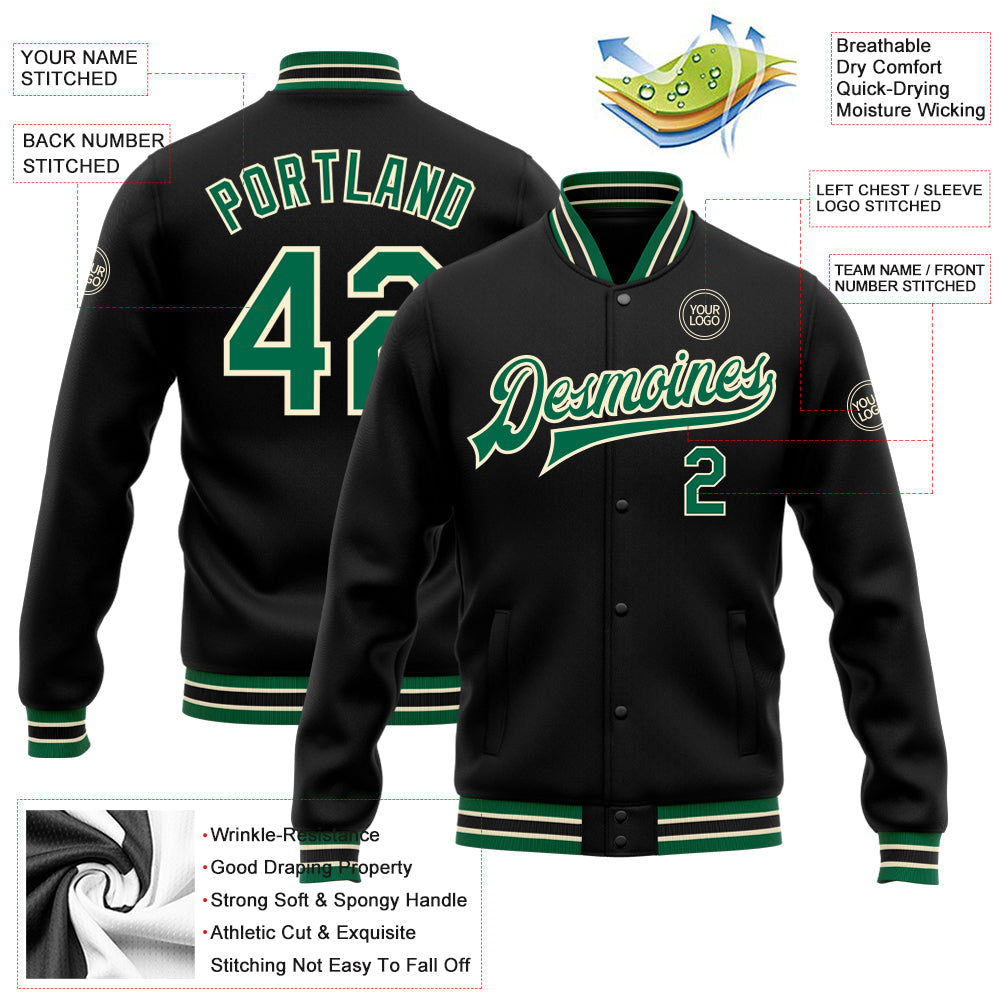 Custom Black Kelly Green-Cream Bomber Full-Snap Varsity Letterman Jacket view 5